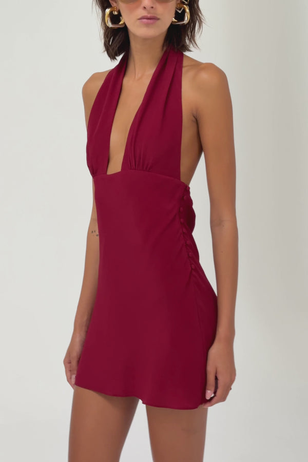 Open Back Halter Mini Dress in Pomegranate