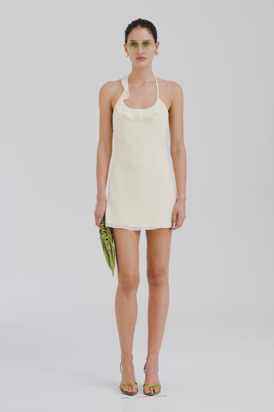 Venroy Asymmetric Ruffle Halter Mini Dress - Pale Yellow