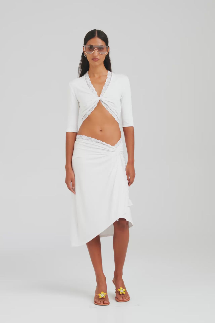 Lace Twist Midi Skirt - White [[W_D1 - 48070 - Lace Twist Midi Skirt - White.mp4]]