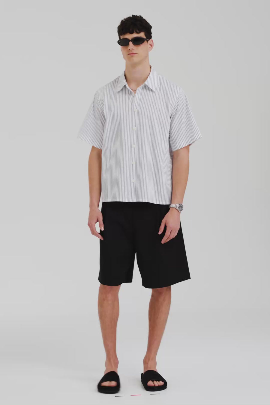 Venroy Oversized Stripe Short Sleeve Shirt - White/Navy Stripe
