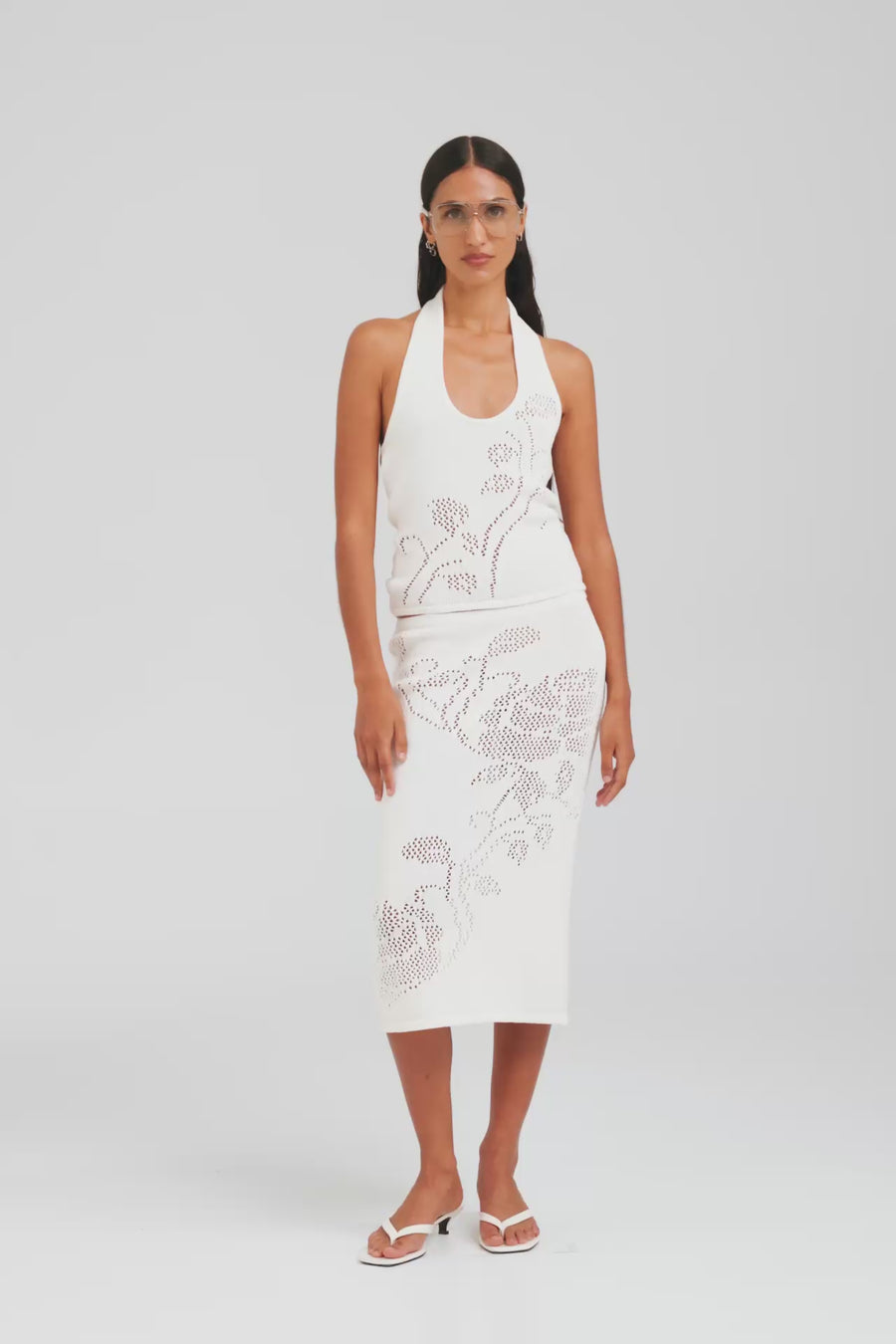 Floral Pointelle Cotton Knit Top - Off White [[W_D1 - 43123 - Floral Pointelle Cotton Knit Top - Off White.mp4]]