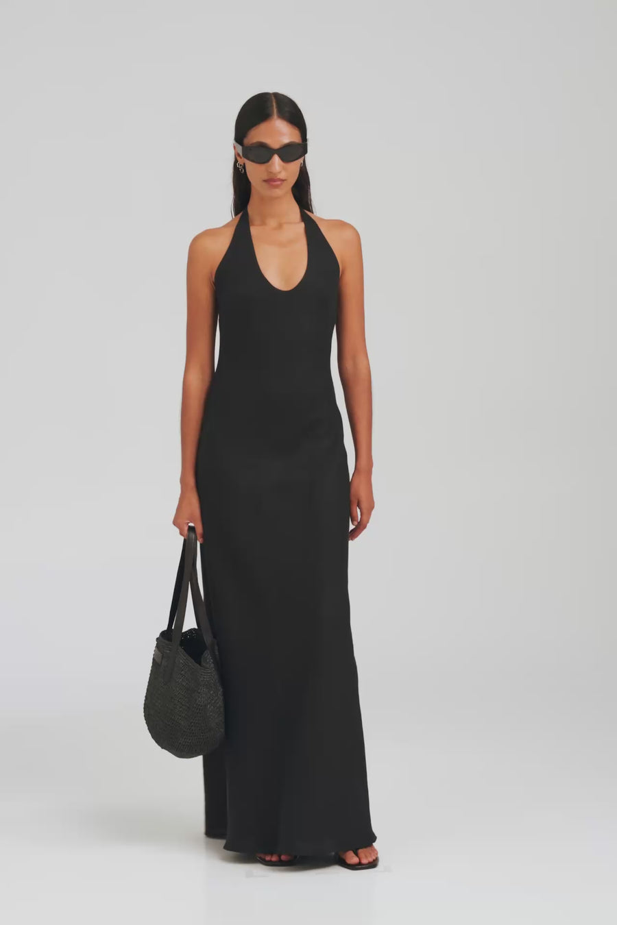 Bias Halter Linen Maxi Dress - Black [[W_D1 - 47141 - Bias Halter Linen Maxi Dress - Black.mp4]]